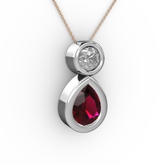 İkili Damla Kolye - Rodolit garnet ve pırlanta 18 ayar beyaz altın kolye (0.5 karat, 40 cm rose altın rolo zincir) #1ahc61j