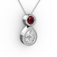 İkili Damla Kolye - Beyaz zirkon ve garnet 18 ayar beyaz altın kolye (40 cm beyaz altın rolo zincir) #1aq8qjn