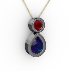 İkili Damla Kolye - Lab safir ve kök yakut 925 ayar siyah rodyum kaplama gümüş kolye (40 cm altın rolo zincir) #1ayzv50