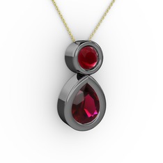 İkili Damla Kolye - Rodolit garnet ve kök yakut 925 ayar siyah rodyum kaplama gümüş kolye (40 cm gümüş rolo zincir) #1b17hjn