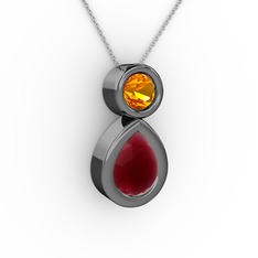 İkili Damla Kolye - Kök yakut ve sitrin 925 ayar siyah rodyum kaplama gümüş kolye (40 cm beyaz altın rolo zincir) #1b4wrhj