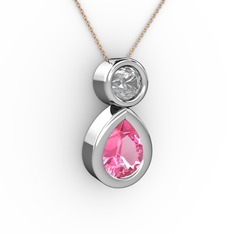 İkili Damla Kolye - Pembe kuvars ve pırlanta 925 ayar gümüş kolye (0.5 karat, 40 cm rose altın rolo zincir) #1b5mirj