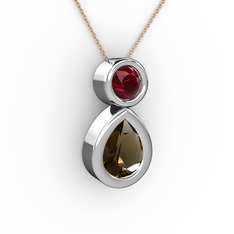 İkili Damla Kolye - Dumanlı kuvars ve garnet 14 ayar beyaz altın kolye (40 cm rose altın rolo zincir) #1b63f4x