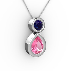 İkili Damla Kolye - Pembe kuvars ve lab safir 925 ayar gümüş kolye (40 cm beyaz altın rolo zincir) #1babfhj