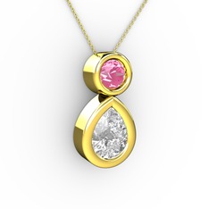 İkili Damla Kolye - Beyaz zirkon ve pembe kuvars 8 ayar altın kolye (40 cm altın rolo zincir) #1bauaah