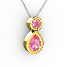 İkili Damla Kolye - Pembe kuvars 14 ayar altın kolye (40 cm rose altın rolo zincir) #1bc8l4d