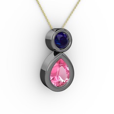 İkili Damla Kolye - Pembe kuvars ve lab safir 925 ayar siyah rodyum kaplama gümüş kolye (40 cm altın rolo zincir) #1bcmw05
