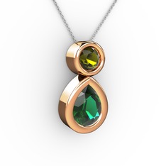 İkili Damla Kolye - Yeşil kuvars ve peridot 8 ayar rose altın kolye (40 cm beyaz altın rolo zincir) #1bksk9y