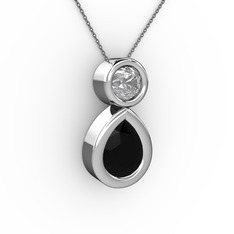 İkili Damla Kolye - Siyah zirkon ve beyaz zirkon 14 ayar beyaz altın kolye (40 cm gümüş rolo zincir) #1btoyhh