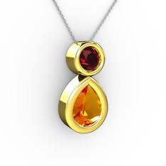 İkili Damla Kolye - Sitrin ve rodolit garnet 18 ayar altın kolye (40 cm beyaz altın rolo zincir) #1buah2f