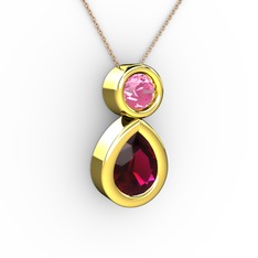 İkili Damla Kolye - Rodolit garnet ve pembe kuvars 14 ayar altın kolye (40 cm gümüş rolo zincir) #1bv3gvv