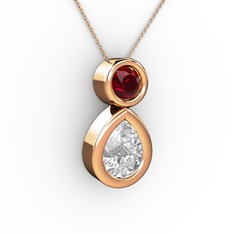 İkili Damla Kolye - Beyaz zirkon ve garnet 8 ayar rose altın kolye (40 cm gümüş rolo zincir) #1bx308d