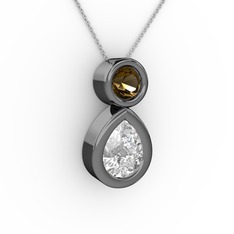 İkili Damla Kolye - Swarovski ve dumanlı kuvars 925 ayar siyah rodyum kaplama gümüş kolye (40 cm beyaz altın rolo zincir) #1c5staf