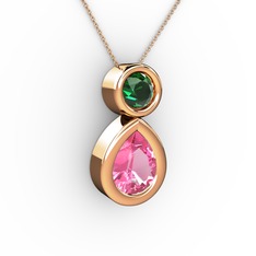 Pembe kuvars ve yeşil kuvars 14 ayar rose altın kolye (40 cm rose altın rolo zincir)