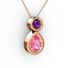 Pembe kuvars ve ametist 8 ayar rose altın kolye (40 cm rose altın rolo zincir)