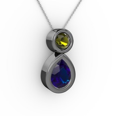 İkili Damla Kolye - Lab safir ve peridot 925 ayar siyah rodyum kaplama gümüş kolye (40 cm beyaz altın rolo zincir) #1cxp7tx