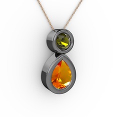 İkili Damla Kolye - Sitrin ve peridot 925 ayar siyah rodyum kaplama gümüş kolye (40 cm rose altın rolo zincir) #1d4abdi