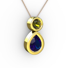 İkili Damla Kolye - Lab safir ve peridot 8 ayar altın kolye (40 cm rose altın rolo zincir) #1d9ff19