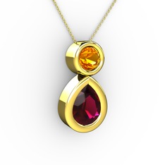 İkili Damla Kolye - Rodolit garnet ve sitrin 18 ayar altın kolye (40 cm gümüş rolo zincir) #1dq0nc3