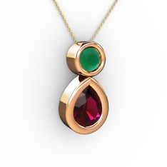 İkili Damla Kolye - Rodolit garnet ve kök zümrüt 18 ayar rose altın kolye (40 cm altın rolo zincir) #1dqa41r