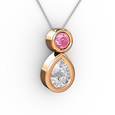 İkili Damla Kolye - Swarovski ve pembe kuvars 8 ayar rose altın kolye (40 cm beyaz altın rolo zincir) #1dwlz9q
