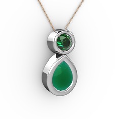 İkili Damla Kolye - Kök zümrüt ve yeşil kuvars 14 ayar beyaz altın kolye (40 cm rose altın rolo zincir) #1dxbq68
