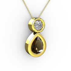 İkili Damla Kolye - Dumanlı kuvars ve pırlanta 18 ayar altın kolye (0.5 karat, 40 cm altın rolo zincir) #1e61t0j