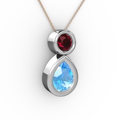 İkili Damla Kolye - Akuamarin ve rodolit garnet 18 ayar beyaz altın kolye (40 cm gümüş rolo zincir) #1e6jjld