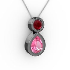 İkili Damla Kolye - Pembe kuvars ve kök yakut 925 ayar siyah rodyum kaplama gümüş kolye (40 cm gümüş rolo zincir) #1ef7yi2