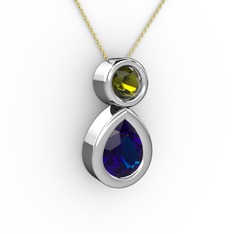 İkili Damla Kolye - Lab safir ve peridot 8 ayar beyaz altın kolye (40 cm gümüş rolo zincir) #1en6zce