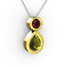 İkili Damla Kolye - Peridot ve rodolit garnet 8 ayar altın kolye (40 cm beyaz altın rolo zincir) #1eqbz4