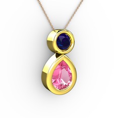 Pembe kuvars ve lab safir 925 ayar altın kaplama gümüş kolye (40 cm gümüş rolo zincir)