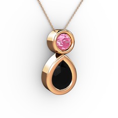 İkili Damla Kolye - Siyah zirkon ve pembe kuvars 14 ayar rose altın kolye (40 cm rose altın rolo zincir) #1evchry