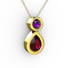 Rodolit garnet ve ametist 925 ayar altın kaplama gümüş kolye (40 cm altın rolo zincir)