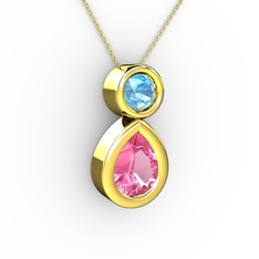 İkili Damla Kolye - Pembe kuvars ve akuamarin 18 ayar altın kolye (40 cm altın rolo zincir) #1ez20tl