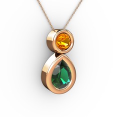 İkili Damla Kolye - Yeşil kuvars ve sitrin 18 ayar rose altın kolye (40 cm rose altın rolo zincir) #1fj1inm