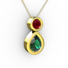 İkili Damla Kolye - Yeşil kuvars ve kök yakut 8 ayar altın kolye (40 cm altın rolo zincir) #1fxebuy