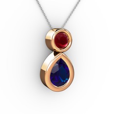 İkili Damla Kolye - Lab safir ve kök yakut 14 ayar rose altın kolye (40 cm gümüş rolo zincir) #1gguz4b