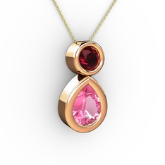 İkili Damla Kolye - Pembe kuvars ve rodolit garnet 8 ayar rose altın kolye (40 cm altın rolo zincir) #1guiln7