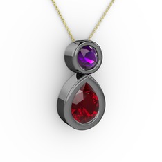 Garnet ve ametist 925 ayar siyah rodyum kaplama gümüş kolye (40 cm altın rolo zincir)