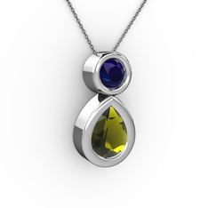 İkili Damla Kolye - Peridot ve lab safir 18 ayar beyaz altın kolye (40 cm gümüş rolo zincir) #1h9l820
