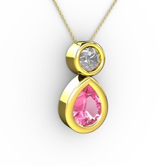 İkili Damla Kolye - Pembe kuvars ve pırlanta 8 ayar altın kolye (0.5 karat, 40 cm altın rolo zincir) #1hbyp3l