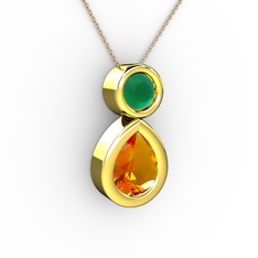 İkili Damla Kolye - Sitrin ve kök zümrüt 8 ayar altın kolye (40 cm rose altın rolo zincir) #1hddflx