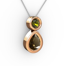 İkili Damla Kolye - Dumanlı kuvars ve peridot 8 ayar rose altın kolye (40 cm beyaz altın rolo zincir) #1hkgoyr