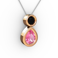 İkili Damla Kolye - Pembe kuvars ve siyah zirkon 8 ayar rose altın kolye (40 cm beyaz altın rolo zincir) #1hmk6il