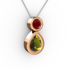 İkili Damla Kolye - Peridot ve kök yakut 18 ayar rose altın kolye (40 cm beyaz altın rolo zincir) #1i2fvk5