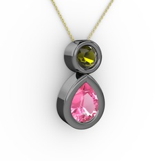 İkili Damla Kolye - Pembe kuvars ve peridot 925 ayar siyah rodyum kaplama gümüş kolye (40 cm altın rolo zincir) #1ifbnwa