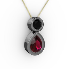 İkili Damla Kolye - Rodolit garnet ve siyah zirkon 925 ayar siyah rodyum kaplama gümüş kolye (40 cm altın rolo zincir) #1ioucg