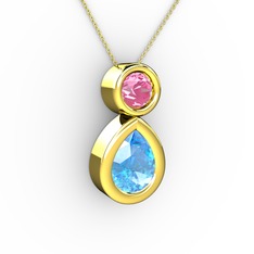 İkili Damla Kolye - Akuamarin ve pembe kuvars 14 ayar altın kolye (40 cm altın rolo zincir) #1ir11ec
