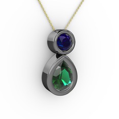 İkili Damla Kolye - Yeşil kuvars ve lab safir 925 ayar siyah rodyum kaplama gümüş kolye (40 cm gümüş rolo zincir) #1iujfq9